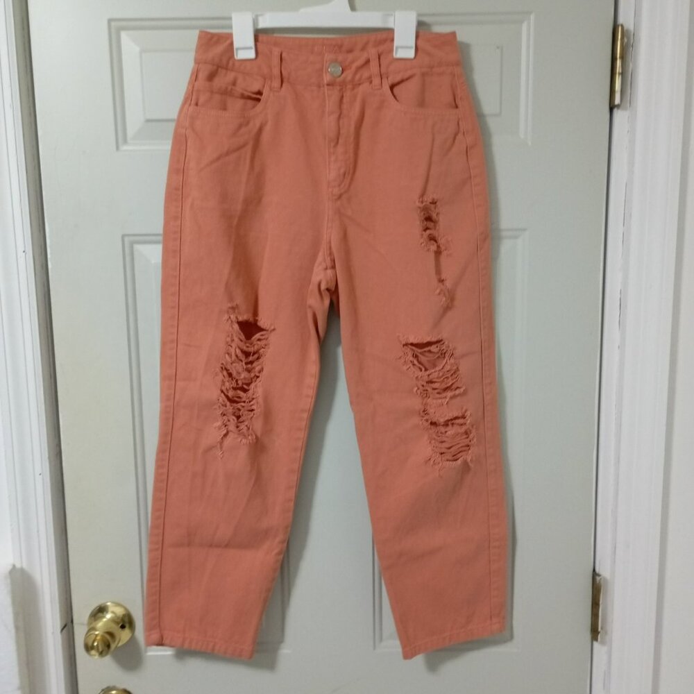 ELA Jeans Color Salmón Wide Leg Denim Jeans Distressed 100% Cotton Size 8